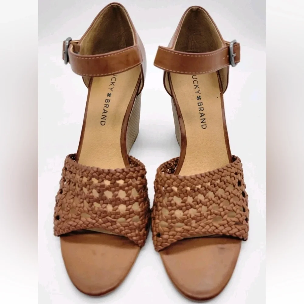 Lucky Brand Brown Leather Strappy Platform Wedge Sandals Boho Summer Shoes